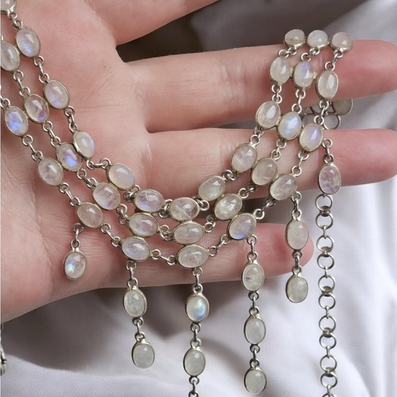 Vintage Sterling Silver Rainbow Moonstone Necklace - Picture 4 of 9